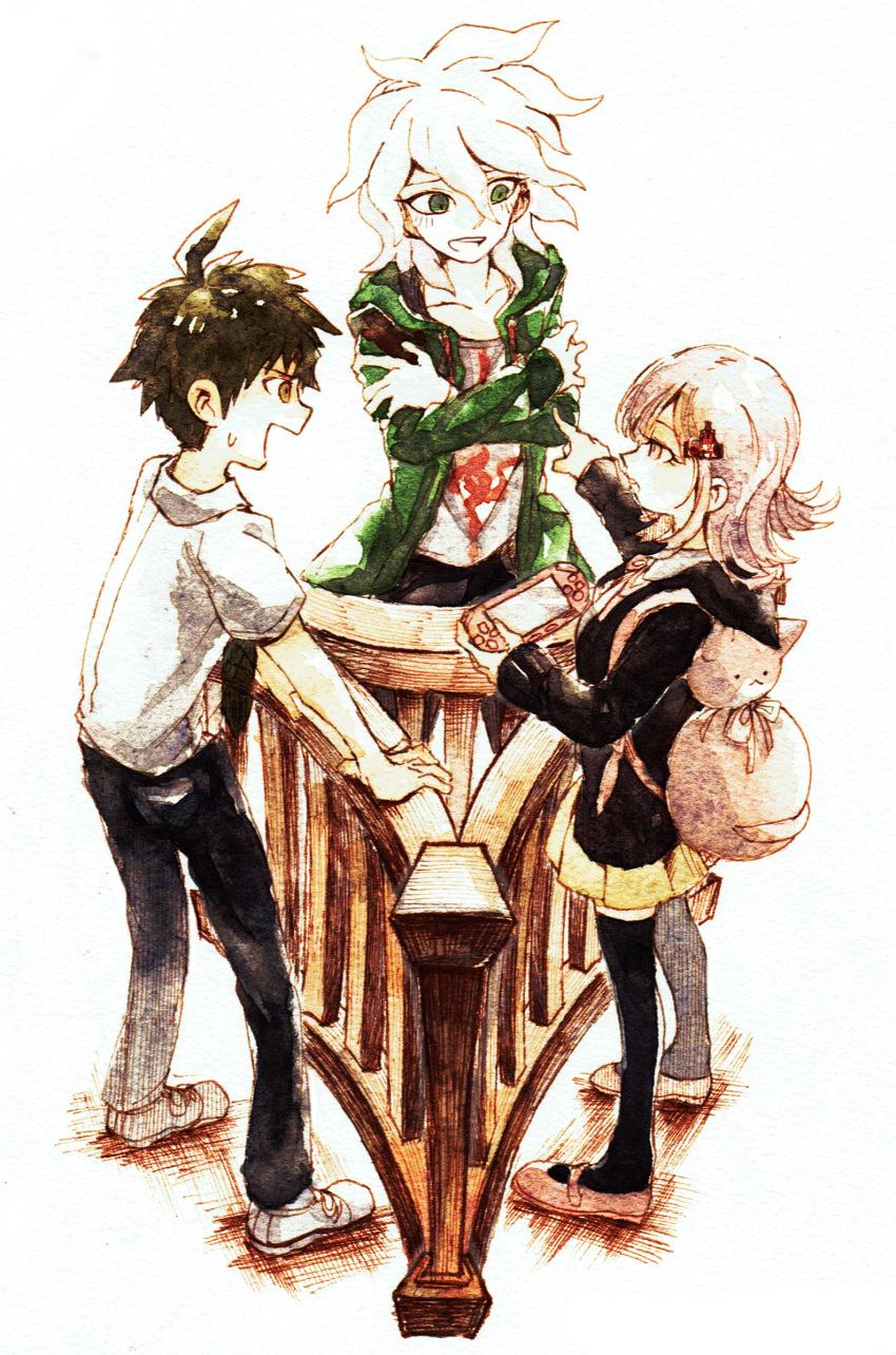 1girl, 2boys, :d, a_10sun, ahoge, animal_bag, backpack, bag