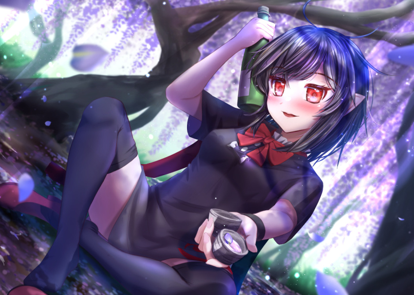 1girl, bangs, black_dress, black_hair, blue_wings, blush, bottle, bow, bowtie, breasts, buttons, center_frills, choko_(cup), commentary_request, cup, day, dress, dutch_angle, flower, frilled_dress, frills, full_body, ground, holding, holding_bottle, holding_cup, houjuu_nue, incoming_drink, looking_at_viewer, open_mouth, outdoors, pointy_ears, red_bow, red_bowtie, red_eyes, red_footwear, red_wings, shoes, shoes_removed, short_dress, short_hair, short_sleeves, small_breasts, smile, solo, thigh-highs, tomoe_(symbol), touhou, tree, under_tree, wings, wisteria, wristband, yakkyokuya