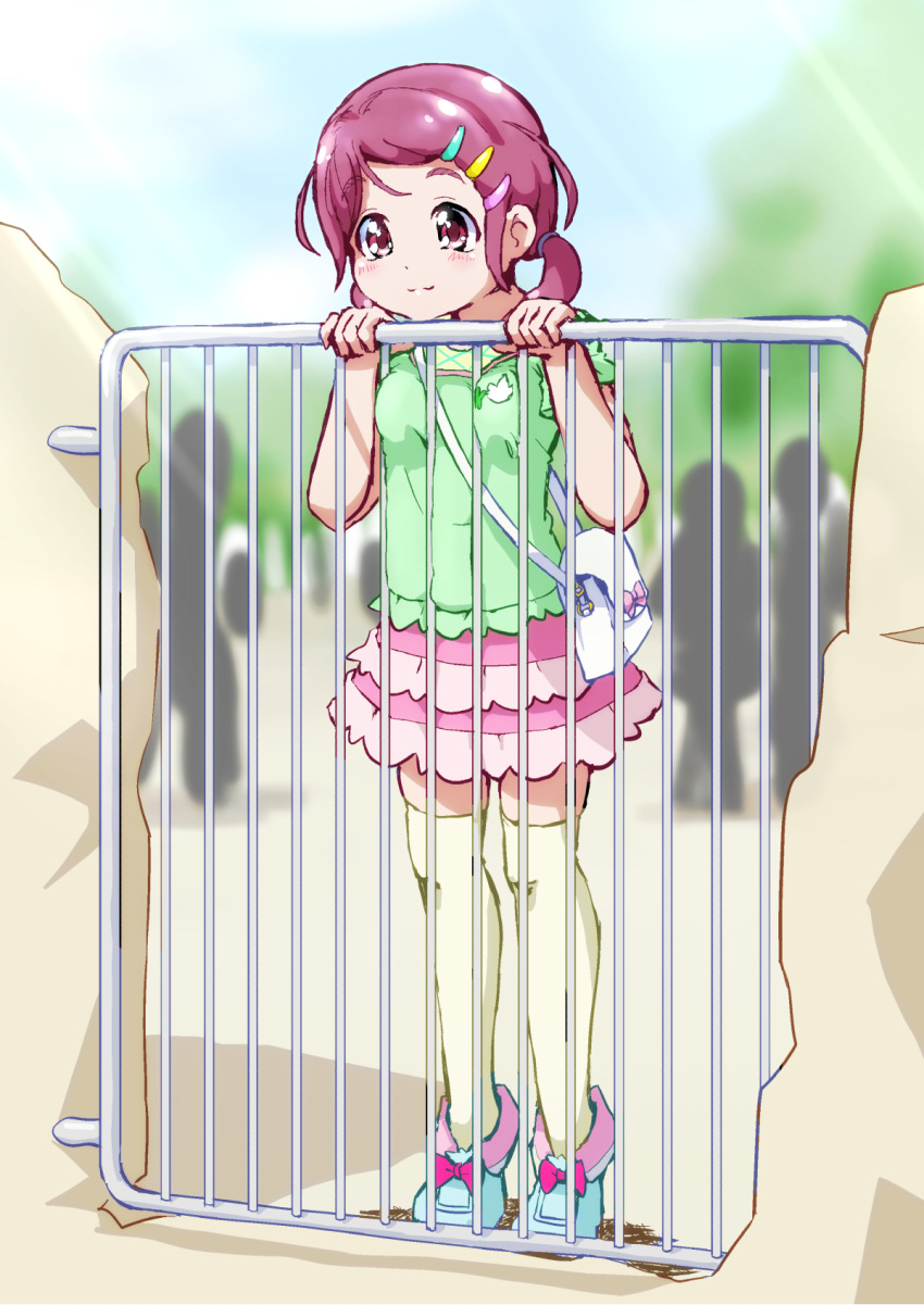 1girl, blue_footwear, child, cure_cotton, female_child, full_body, gate, green_shirt