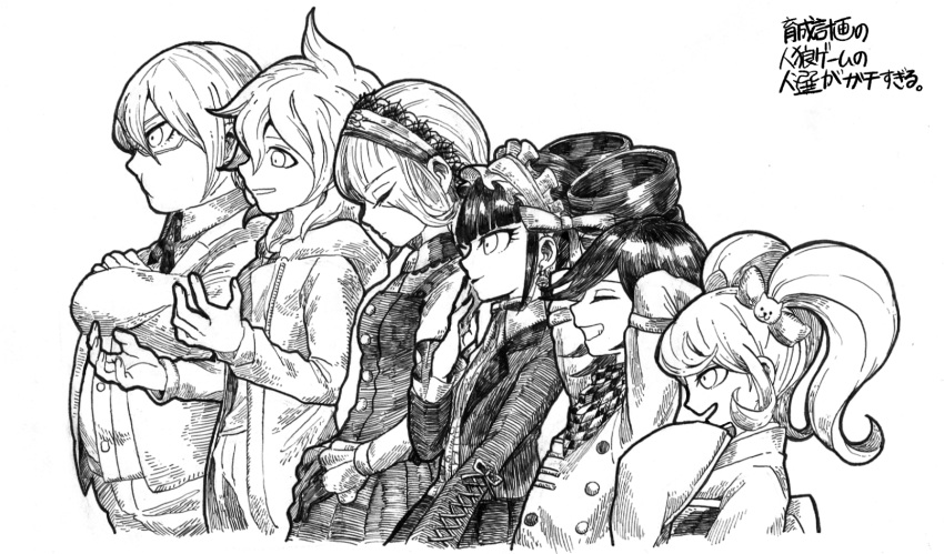 3boys, 3girls, a_10sun, bangs, bow, buttons, cat_hair_ornament, celestia_ludenberg