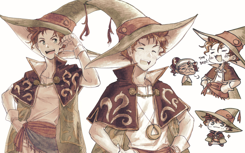 1boy, 1girl, cape, capelet, chibi, commentary_request, geela_breisse, gloves, green_eyes, hands_on_hips, hat, highres, korina_(mrpuripurin), male_focus, narve_oparyn, open_mouth, redhead, simple_background, smile, triangle_strategy, upper_body, white_gloves, wizard_hat