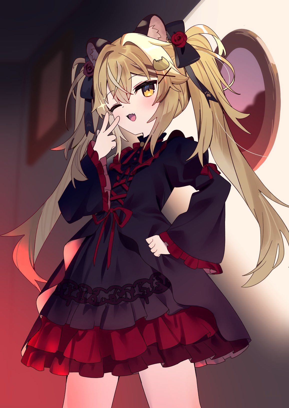 1girl, ;d, animal_ears, animal_hair_ornament, bangs, black_dress, blonde_hair, bow