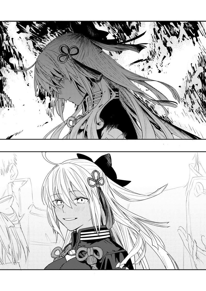 2boys, 2girls, ahoge, black_bow, bow, dark-skinned_female, dark_persona, dark_skin