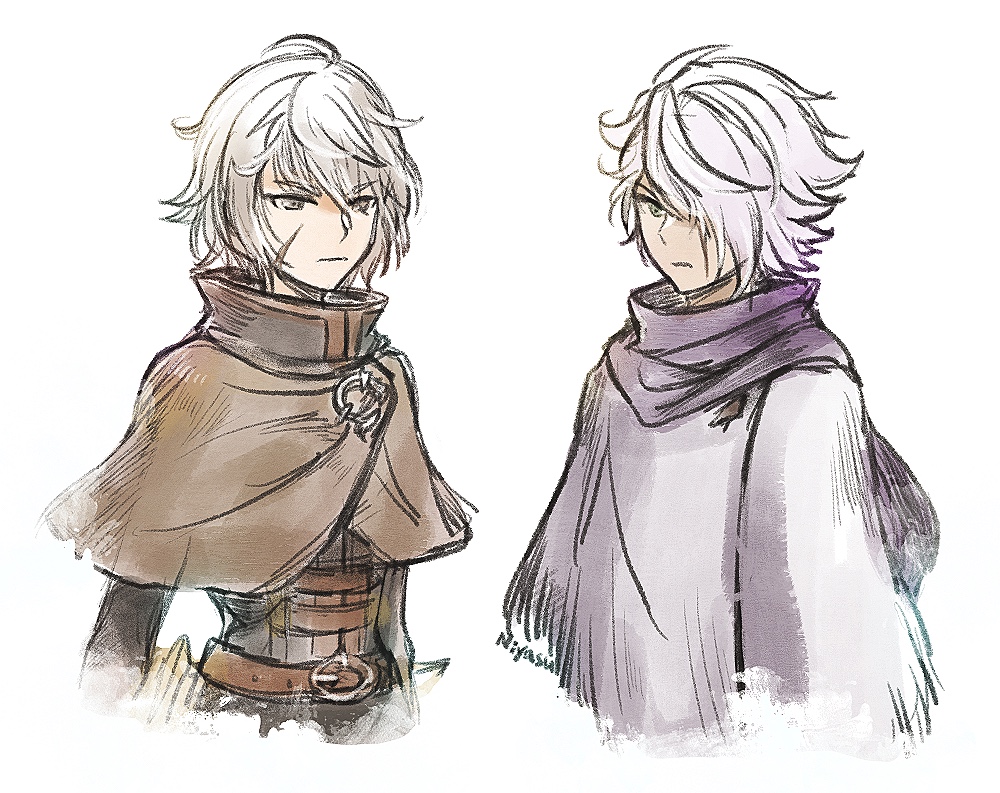 1boy, 1girl, anna_pascal, artist_name, belt, closed_mouth, commentary_request, company_connection, crossover, english_commentary, expressionless, niyasu, octopath_traveler, scar, scar_on_face, short_hair, simple_background, sketch, therion_(octopath_traveler), triangle_strategy, upper_body, white_background, white_hair