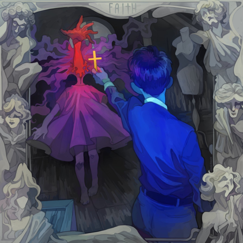 1boy, 1girl, amy_martin, belt, commentary, crate, cross, dress, english_text, exorcism, faith_(game), framed, hand_up, highres, john_ward, latin_cross, long_sleeves, mannequin, pants, partially_colored, shirt, short_sleeves, sony-shock, window, wooden_floor