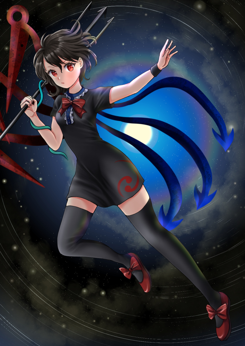 1girl, asymmetrical_wings, bangs, black_dress, black_hair, blue_wings, blush, bow