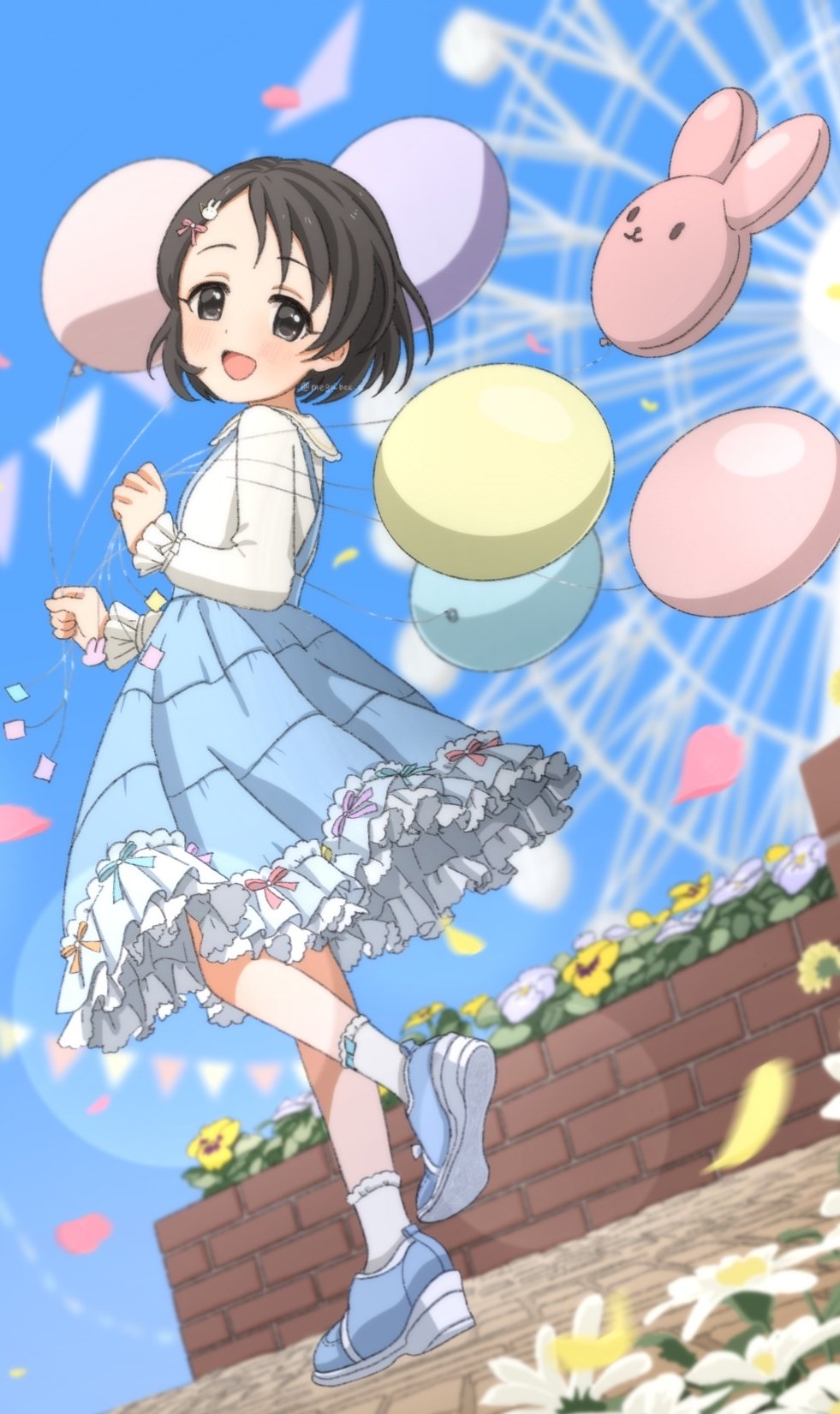 1girl, animal_balloon, balloon, bangs, black_eyes, black_hair, blue_footwear, blue_skirt