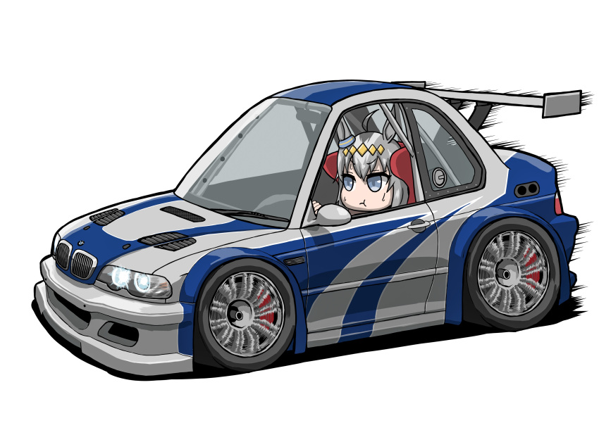 1girl, absurdres, animal_ears, bmw, bmw_m3, car, chibi, commentary_request