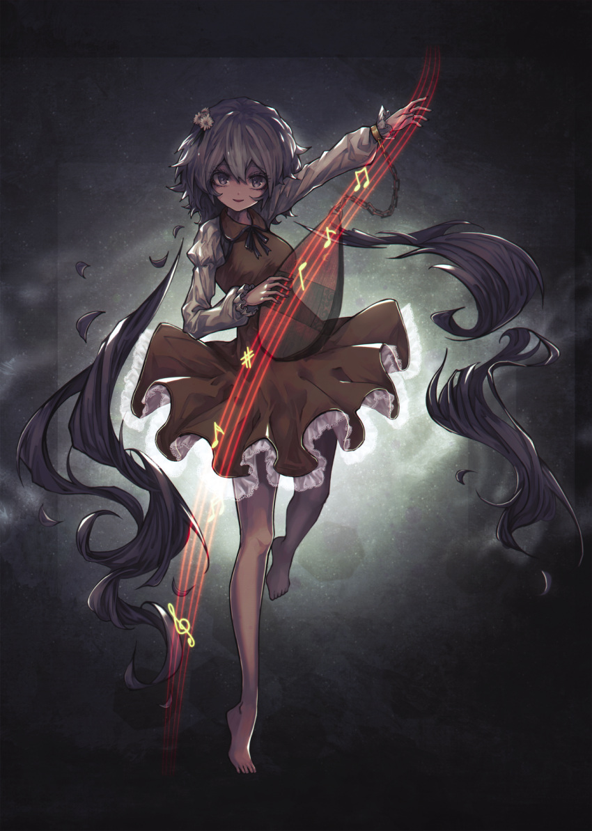 1girl, bangs, barefoot, beamed_eighth_notes, beamed_sixteenth_notes, biwa_lute, brown_dress, chain