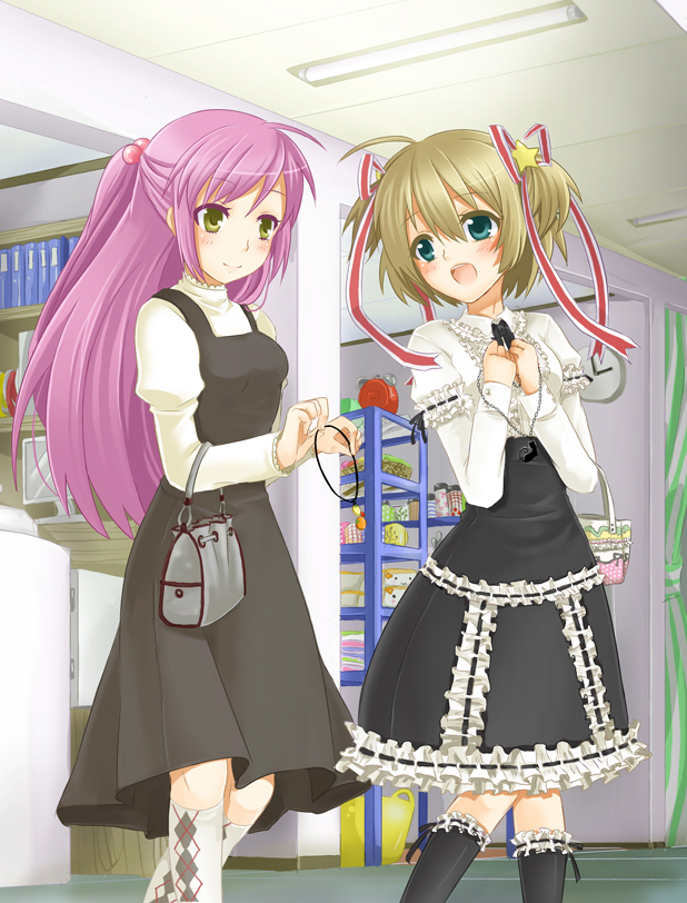 argyle_legwear, bad_id, bag, dress, futaki_kanata, garters, hair_ribbon, iwaki_byou