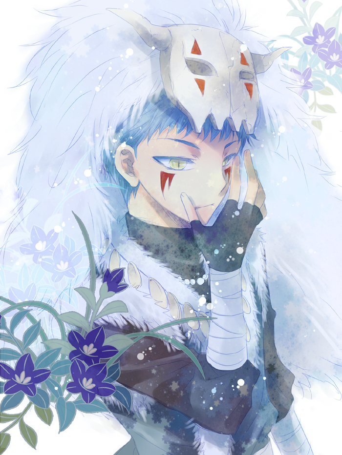 1boy, akatsuki_no_yona, bandages, black_gloves, blue_flower, blue_hair, closed_mouth, commentary_request