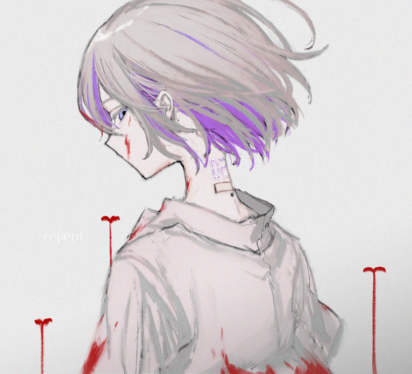 1girl, blood, blood_on_clothes, blood_on_face, character_request, collared_shirt, colored_inner_hair, commentary_request
