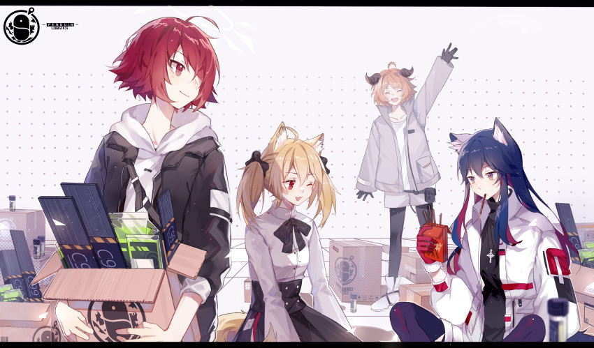4girls, ;d, ahoge, alternate_costume, animal_ear_fluff, animal_ears, arknights, arm_up