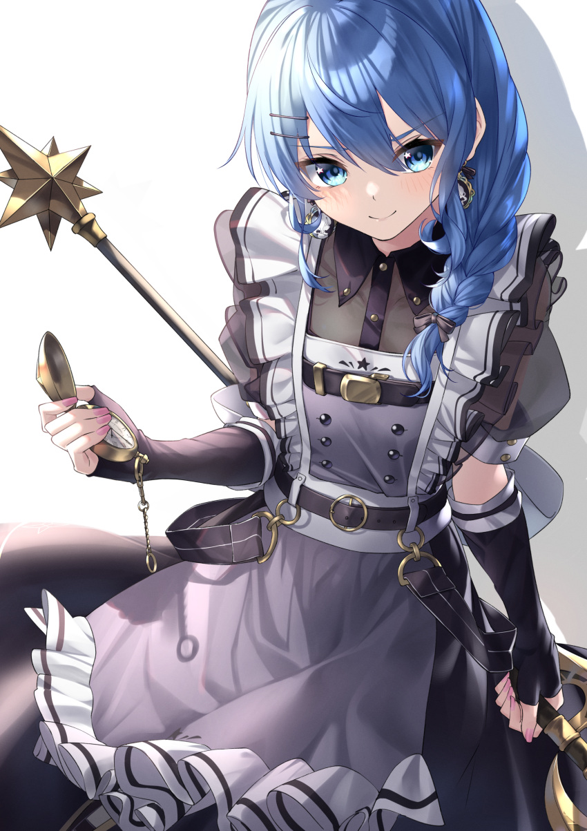 1girl, absurdres, bangs, bardiche_(weapon), black_gloves, blue_eyes, blue_hair, blush