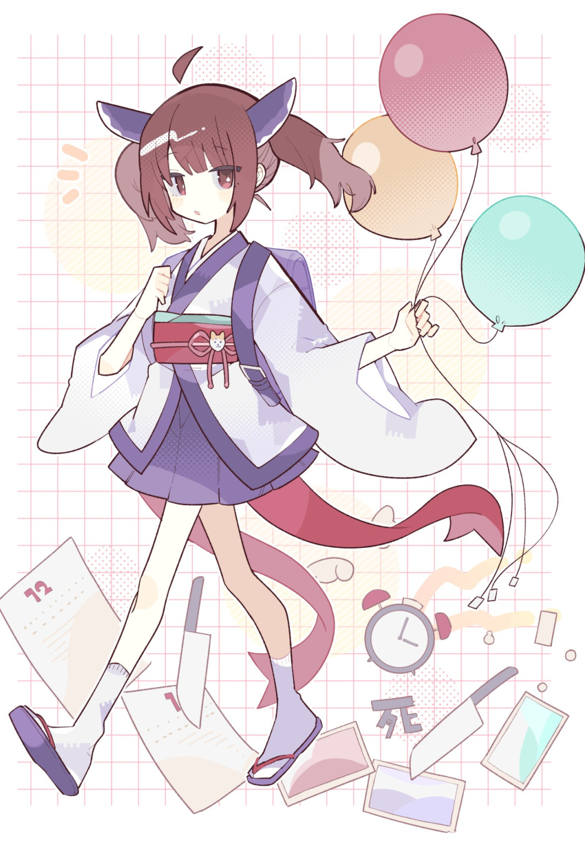 1girl, ahoge, alarm_clock, backpack, bag, balloon, blue_skirt, blush