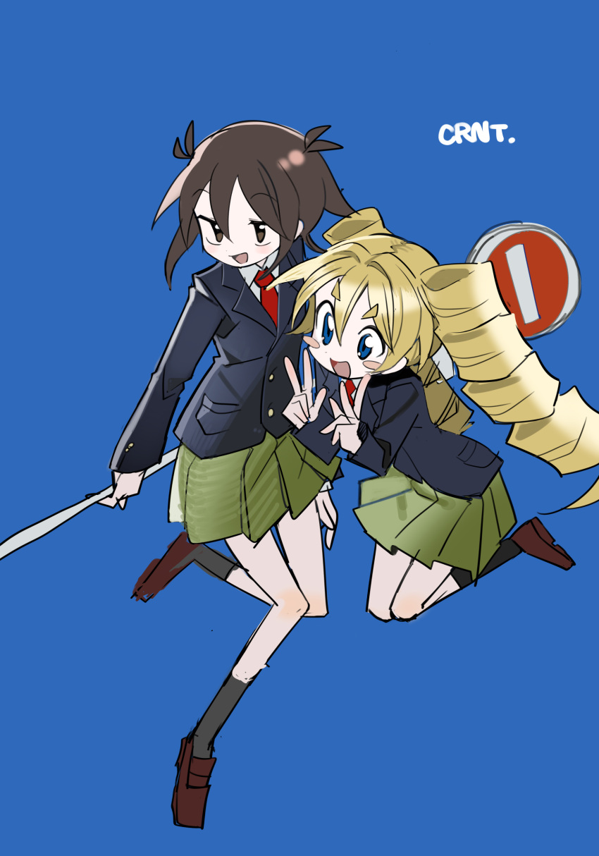 2girls, acronym, black_jacket, black_socks, blazer, blonde_hair, blue_background, blue_eyes