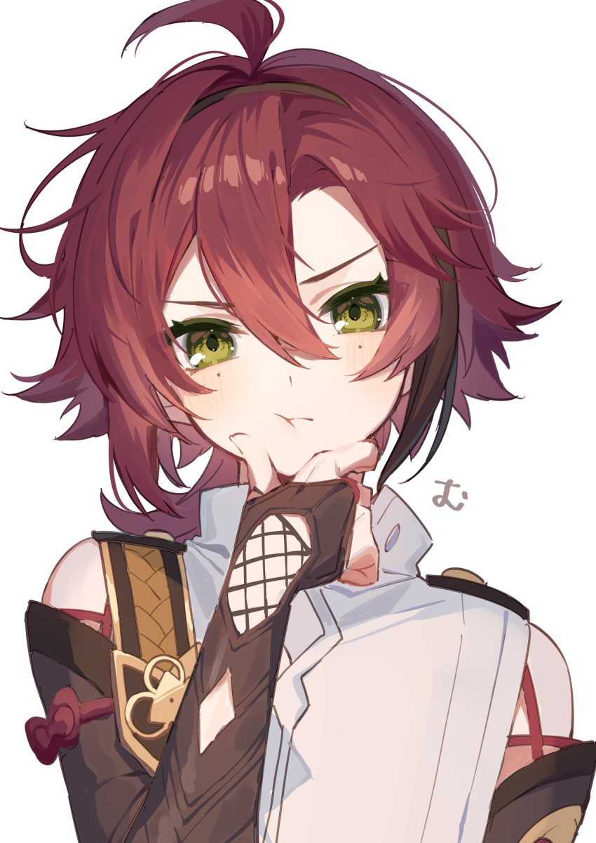 1boy, ahoge, bangs, bare_shoulders, blush, bow, brown_hair, commentary