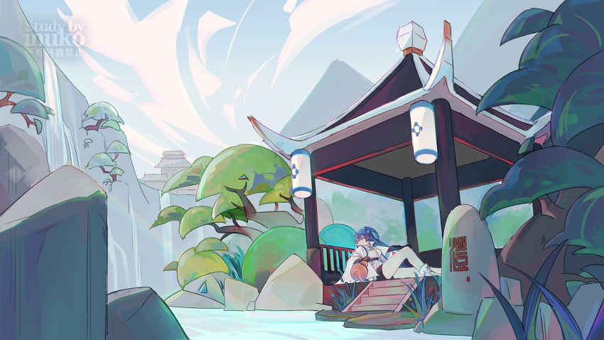 1girl, architecture, arknights, black_gloves, black_shorts, blue_hair, boots, chinese_commentary