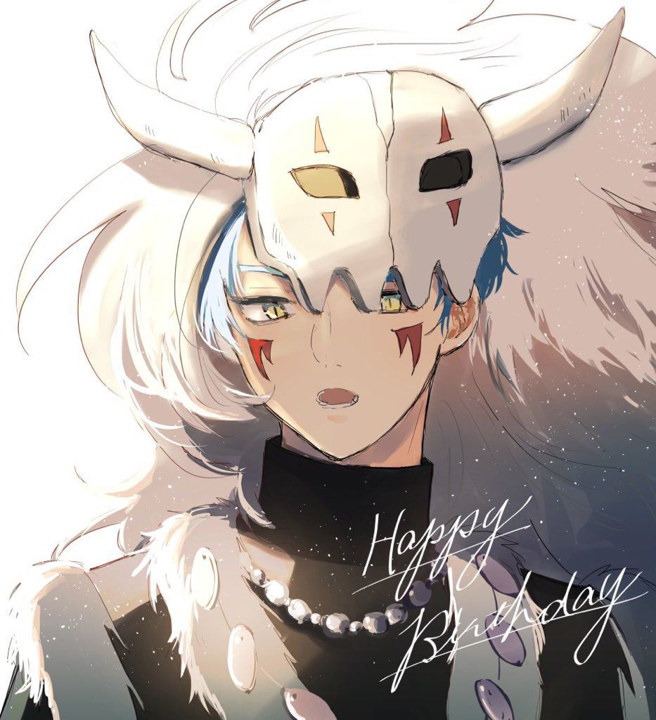 1boy, akatsuki_no_yona, black_shirt, blue_hair, commentary_request, english_text, facial_mark, happy_birthday