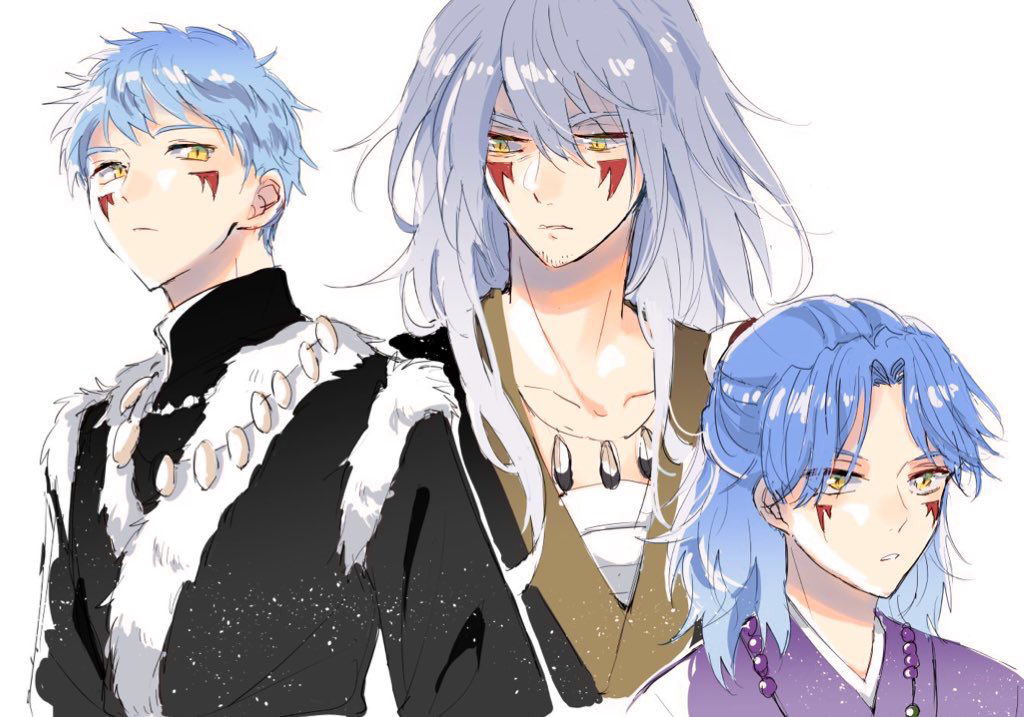 3boys, abi_(akatsuki_no_yona), akatsuki_no_yona, androgynous, ao_(akatsuki_no_yona), black_jacket, blue_hair, commentary_request