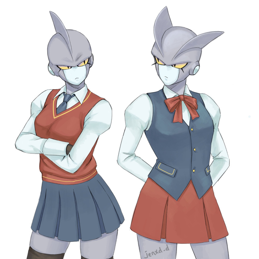 2girls, arms_behind_back, blue_necktie, bow, bowtie, breasts, commentary, crossed_arms, dragon_ball, dragon_ball_super, dragon_ball_super_super_hero, english_commentary, frown, gamma_1, gamma_2, genderswap, genderswap_(mtf), highres, jenxd_d, juliet_sleeves, long_sleeves, medium_breasts, miniskirt, multiple_girls, necktie, pleated_skirt, puffy_sleeves, red_bow, red_bowtie, school_uniform, signature, skindentation, skirt, sweater_vest, thigh-highs, zettai_ryouiki