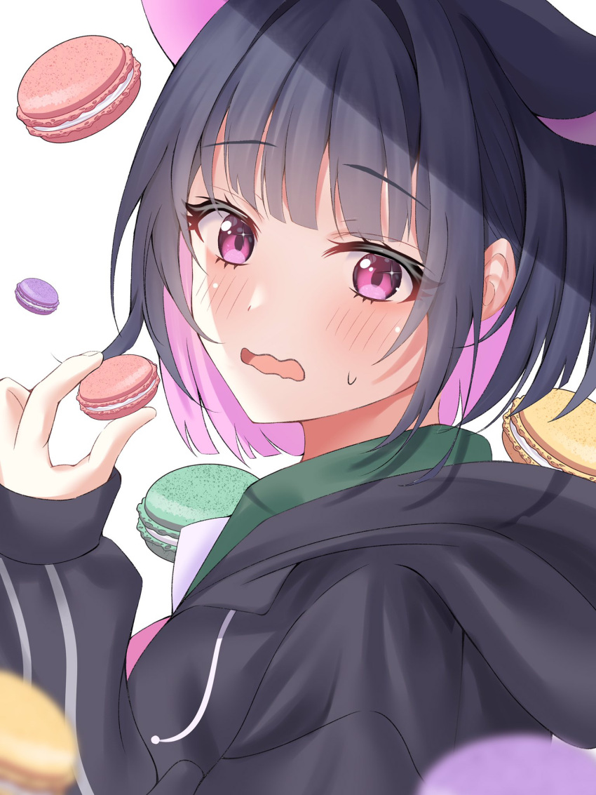 1girl, animal_ears, black_jacket, blue_archive, blurry, blurry_foreground, blush, colored_inner_hair
