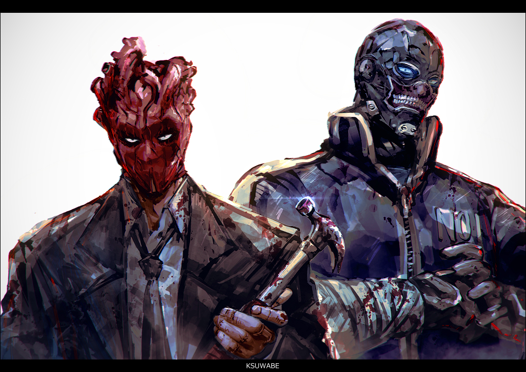 1boy, 1girl, artist_name, blood, blood_on_clothes, blood_on_weapon, commentary_request, dorohedoro