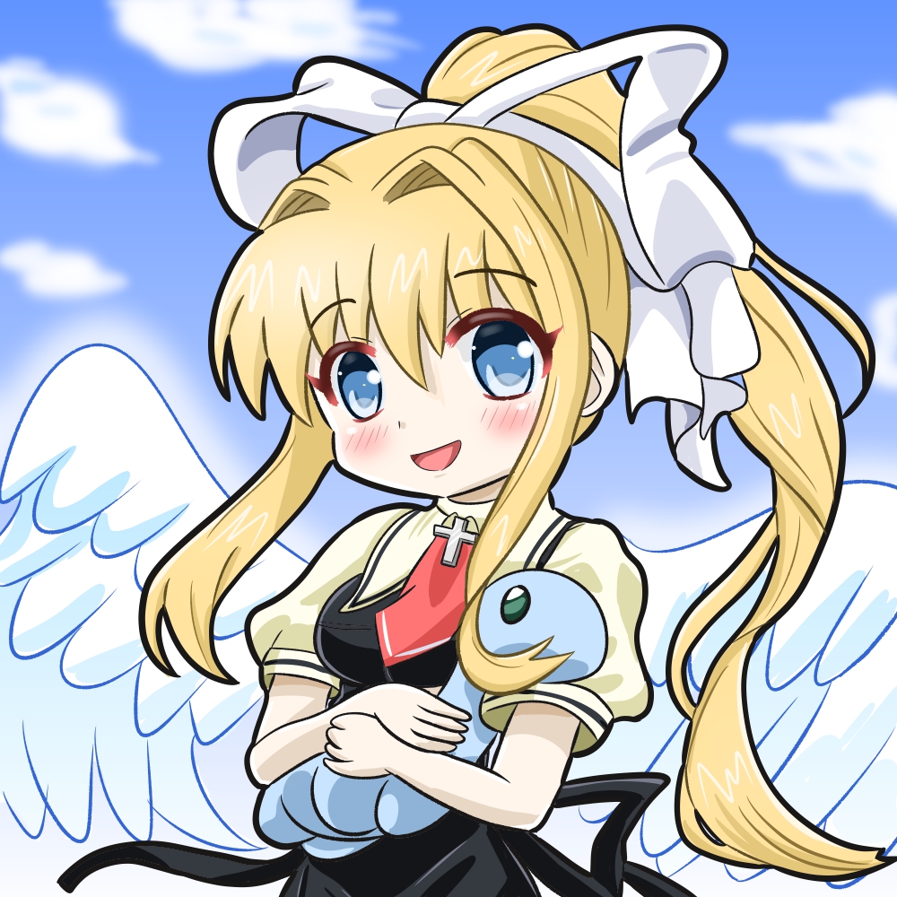 1girl, :d, air_(visual_novel), angel_wings, ascot, bangs, blonde_hair, blue_eyes