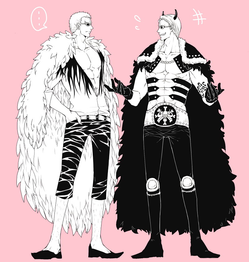 ..., 2boys, black_coat, black_gloves, blonde_hair, c_(kkmr24), capri_pants, coat, commentary_request, donquixote_doflamingo, earrings, feather_coat, full_body, fur_coat, fur_trim, gloves, goggles, greyscale, hand_in_pocket, jewelry, leather, leg_hair, looking_at_another, male_focus, monochrome, multiple_boys, muscular, muscular_male, necklace, nervous_smile, one_piece, open_clothes, pants, pink_background, sheepshead, short_hair, skull_and_crossbones, smile, sunglasses, white-framed_eyewear