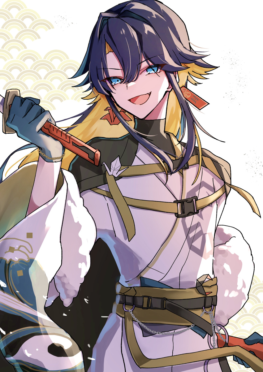 0_sakana_san, 1boy, :d, absurdres, aqua_gloves, belt, belt_chain, black_belt, black_cape, black_hair, black_undershirt, blonde_hair, blue_eyes, bracelet, cape, chain, colored_inner_hair, commentary, cowboy_shot, earrings, fang, feather_boa, gloves, hair_between_eyes, hair_flaps, hand_up, highres, holding, holding_sheath, holding_sword, holding_weapon, holostars, japanese_clothes, jewelry, katana, kimono, long_hair, looking_at_viewer, male_focus, mismatched_earrings, multicolored_hair, official_alternate_costume, origami, paper_crane, sash, seigaiha, sheath, smile, solo, sword, turtleneck, two-tone_hair, v-shaped_eyebrows, virtual_youtuber, wave_print, weapon, white_background, white_kimono, yatogami_fuma, yellow_belt, yellow_sash