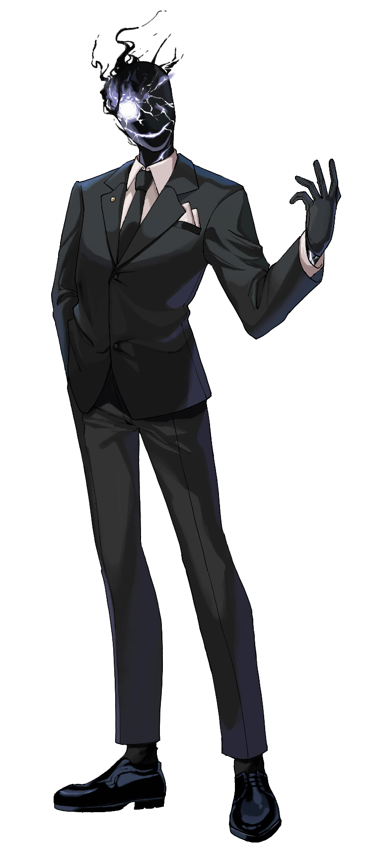 1boy, black_footwear, black_gloves, black_necktie, black_pants, black_skin, black_socks, black_suit