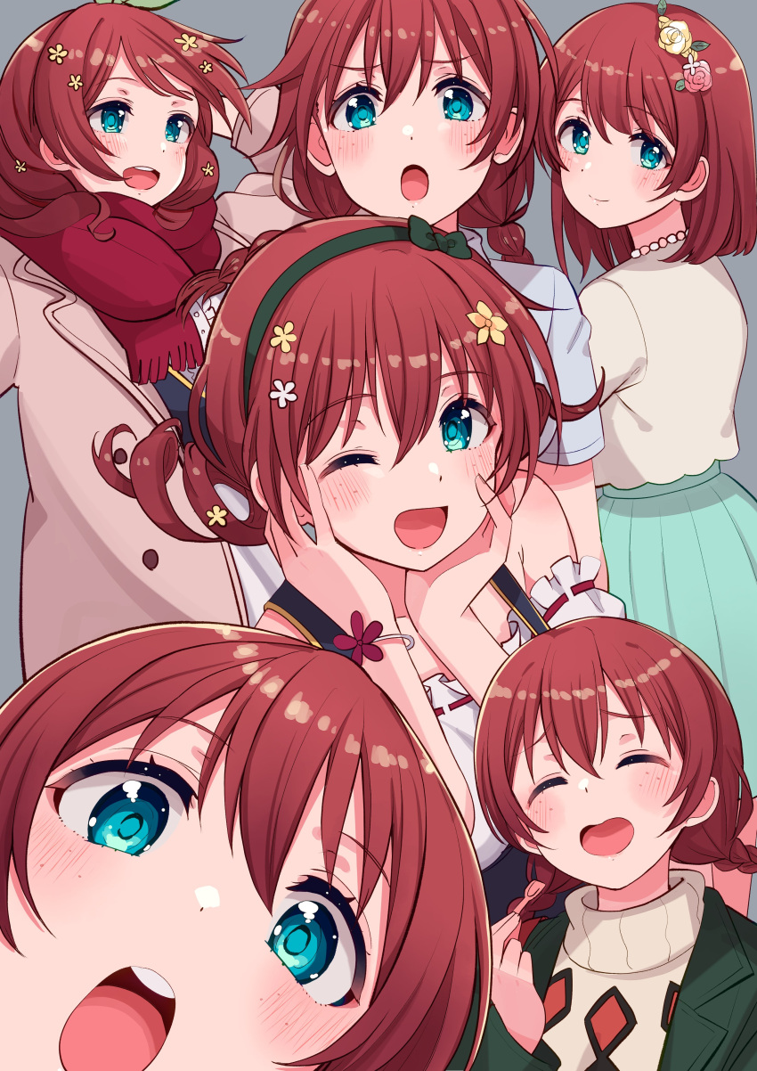 1girl, absurdres, aqua_eyes, bangs, birthday, blush, braid, brown_hair, closed_eyes, commentary, cream_(nipakupa), drill_hair, emma_verde, evergreen_(love_live!), flower, freckles, from_behind, grey_background, hair_flower, hair_ornament, highres, jacket, jewelry, kotori_photobomb, looking_at_viewer, looking_back, love_live!, love_live!_nijigasaki_high_school_idol_club, medium_hair, multiple_views, necklace, one_eye_closed, red_scarf, scarf, sidelocks, smile, twin_braids