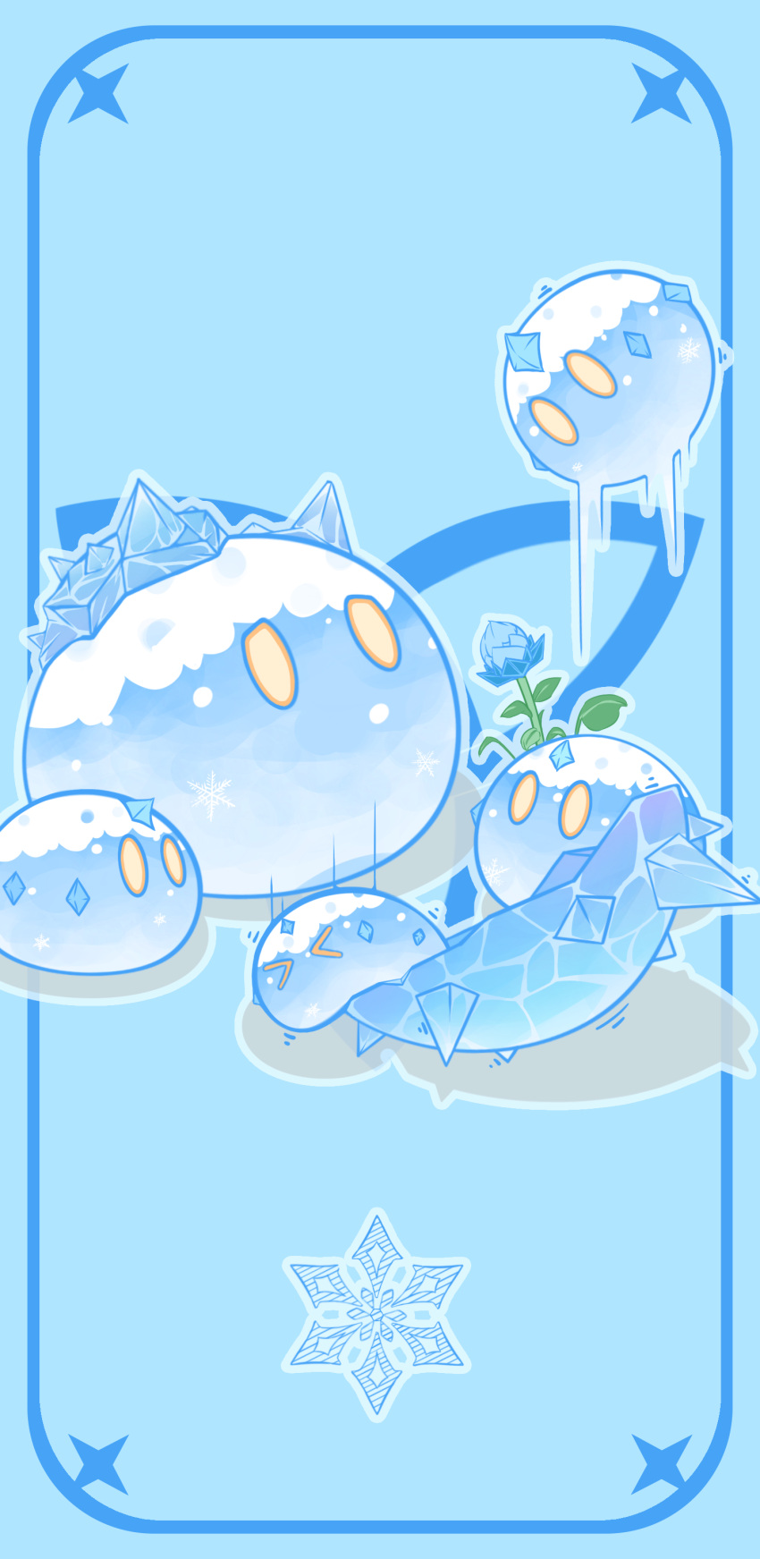 >_<, absurdres, blue_background, blue_border, blue_flower, border, ccccrack, closed_eyes, commentary_request, flower, full_body, genshin_impact, highres, ice, ice_crystal, mist_flower, motion_lines, no_humans, outline, simple_background, slime_(creature), slime_(genshin_impact), snowflakes, solid_oval_eyes, triquetra, white_outline