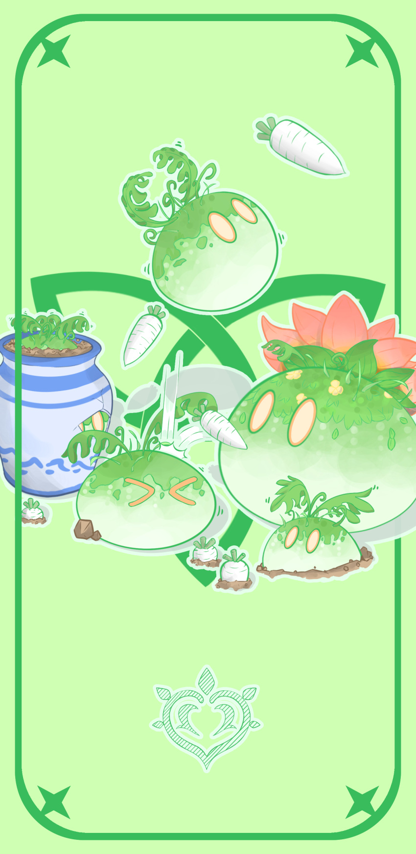 >_<, absurdres, border, ccccrack, closed_eyes, commentary_request, crack, dirt, flower, flower_pot, food, full_body, genshin_impact, green_background, green_border, highres, jumping, leaf, motion_lines, no_humans, outline, plant, radish, red_flower, simple_background, slime_(creature), slime_(genshin_impact), solid_oval_eyes, triquetra, vegetable, white_outline
