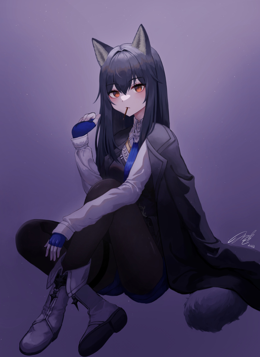 1girl, absurdres, animal_ears, arknights, black_hair, black_jacket, black_pantyhose, black_vest
