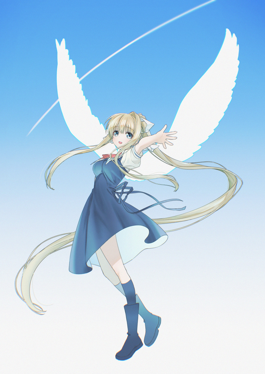 1girl, :d, absurdres, air_(visual_novel), angel_wings, ascot, bangs, black_dress