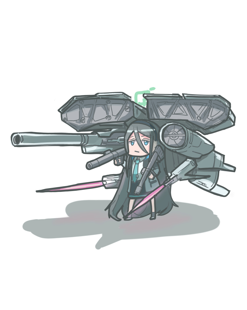 1girl, absurdly_long_hair, absurdres, aris_(blue_archive), bangs, black_hair, black_hairband, blue_archive, blue_eyes, blue_necktie, bright_pupils, chibi, closed_mouth, collared_shirt, commentary_request, crossover, dendrobium_schema, expressionless, gun, gundam, gundam_0083, gundam_gp-03_dendrobium, hair_between_eyes, hairband, halo, highres, holding, holding_gun, holding_weapon, jacket, long_hair, long_sleeves, necktie, omurainu, open_clothes, open_jacket, pleated_skirt, shadow, shirt, simple_background, skirt, solo, standing, very_long_hair, weapon, white_background, white_pupils, white_shirt