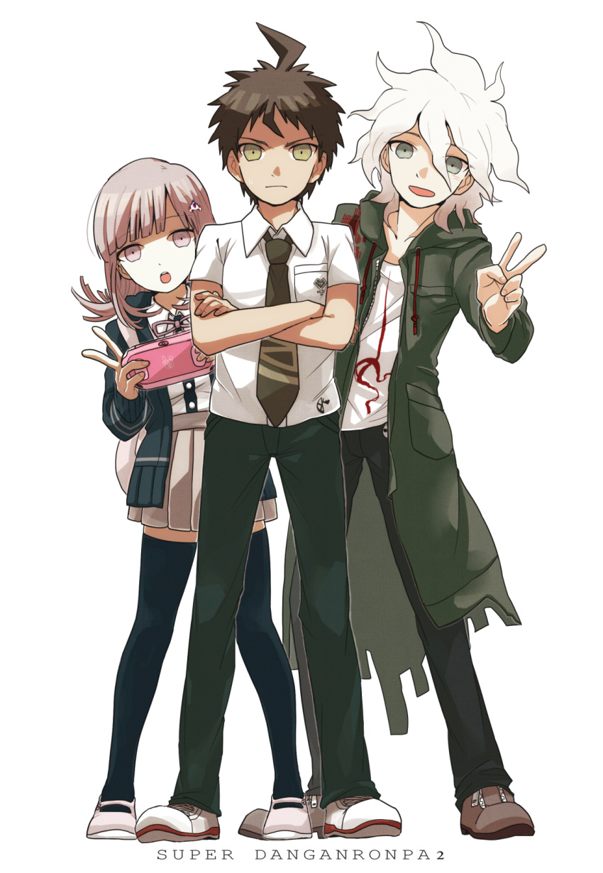 1girl, 2boys, :d, a_10sun, ahoge, badge, bangs, black_pants