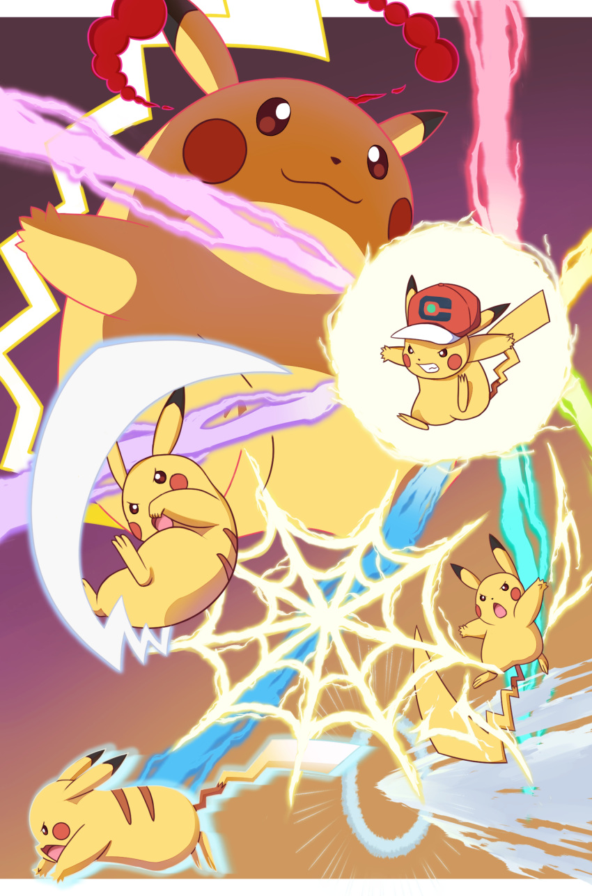 baseball_cap, black_eyes, bright_pupils, clenched_teeth, clothed_pokemon, commentary_request, electricity, energy