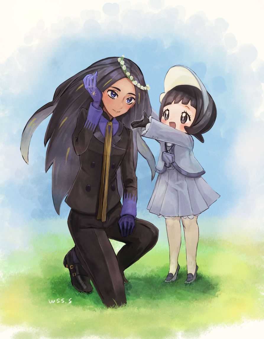 2girls, :d, bangs, black_footwear, black_gloves, black_hair, black_jacket, black_pants