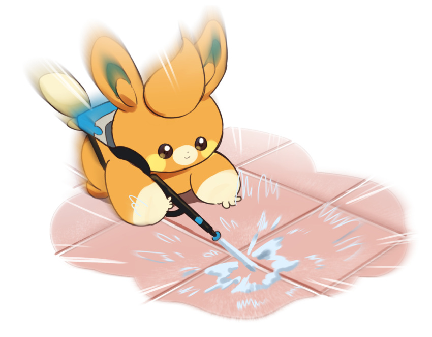 animal_focus, berisuno_(beriberi0707), brown_eyes, closed_mouth, commentary, holding, looking_down, meme, no_humans, oh!_pamo-san_(meme), pawmi, pokemon, pokemon_(creature), pressure_washer, smile, solo, tile_floor, tiles, washing, water