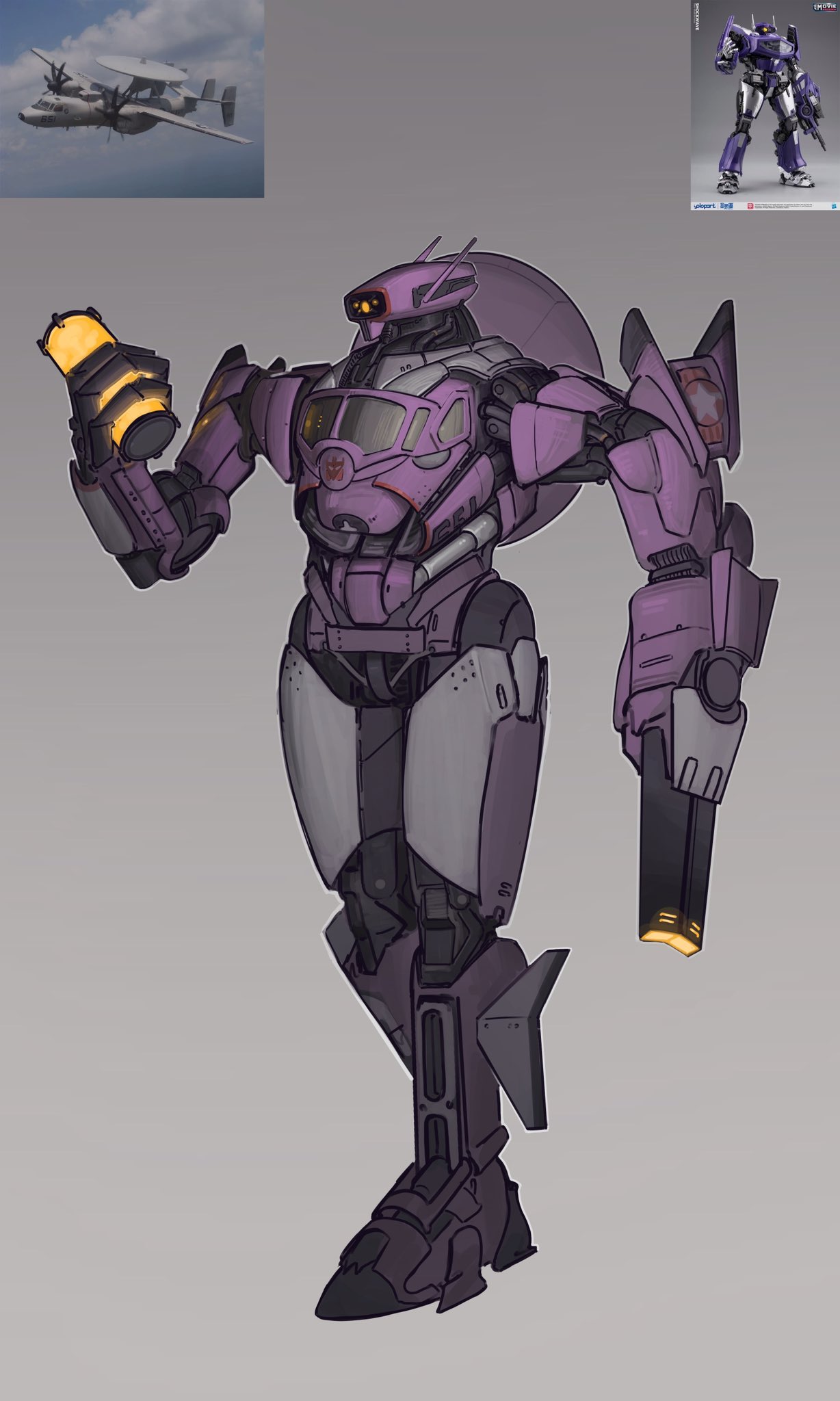 aircraft, airplane, arm_cannon, awacs, commentary, decepticon, e-2_hawkeye, grey_background, highres, holding, looking_down, mecha, military, military_vehicle, one-eyed, orange_eyes, photo_inset, reference_inset, robot, science_fiction, shockwave_(transformers), simple_background, solo, transformers, tungsten_hale, walking, weapon