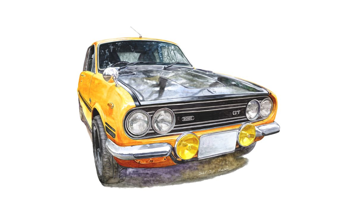 2021, asai_takashi, car, commentary_request, ground_vehicle, headlight, isuzu_bellett, isuzu_motors, motor_vehicle, no_humans, original, side_mirror, solo, vehicle_focus, wheel