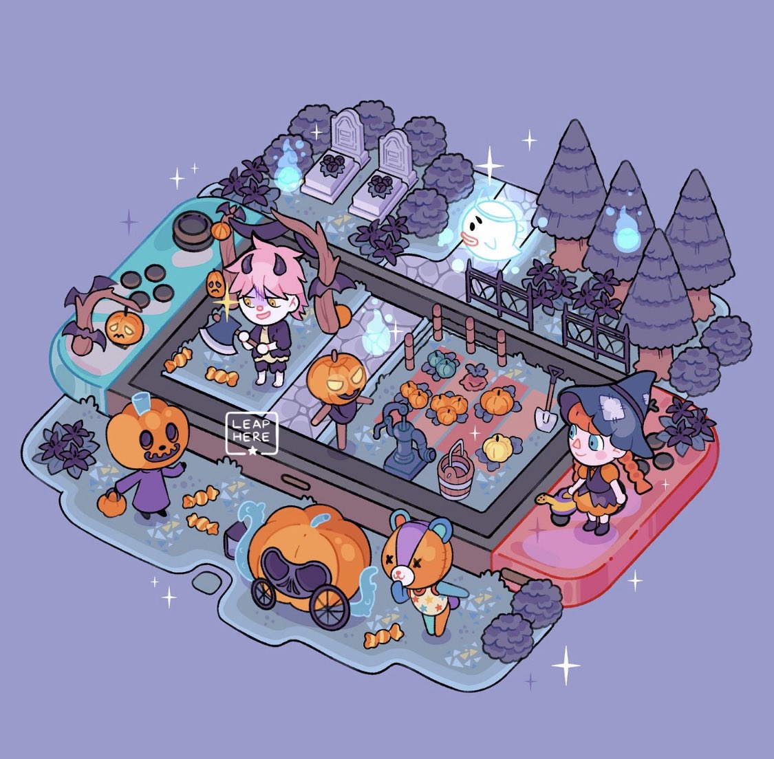 1girl, 4boys, animal_crossing, animal_ears, artist_name, axe, bear, bear_ears