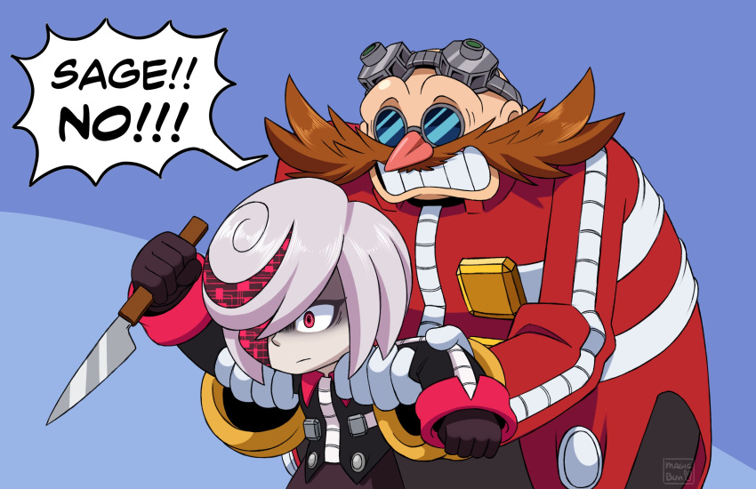 1boy, 1girl, arm_grab, arms_up, artist_name, bald, bangs, black_jacket, black_pants, blue_background, buttons, closed_mouth, collared_jacket, dr._eggman, english_commentary, english_text, eyelashes, facial_hair, father_and_daughter, glasses, gloves, grabbing, grey_hair, hair_between_eyes, hair_over_one_eye, hands_up, highres, holding, holding_knife, holding_weapon, jacket, knife, long_sleeves, looking_to_the_side, magicbun, multicolored_hair, mustache, pants, pink_hair, purple_skirt, red_eyes, red_jacket, round_eyewear, sage_(sonic), scared, short_hair, simple_background, skirt, sonic_(series), sonic_frontiers, speech_bubble, standing, teeth, two-tone_hair, weapon, white_gloves, wing_collar