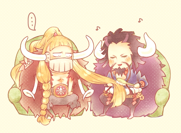 2boys, armlet, black_coat, black_hair, blonde_hair, blush, braid, brown_coat