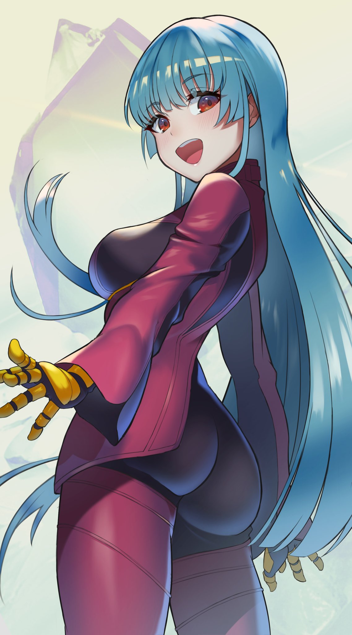 1girl, ass, bangs, blue_hair, bodysuit, breasts, cowboy_shot, gloves