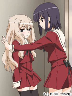 2girls, black_hair, blonde_hair, blue_eyes, blush, cap, kawamura_reo, long_hair