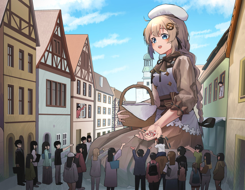 absurdres, apron, basket, beret, blue_eyes, blue_sky, braid, brown_dress