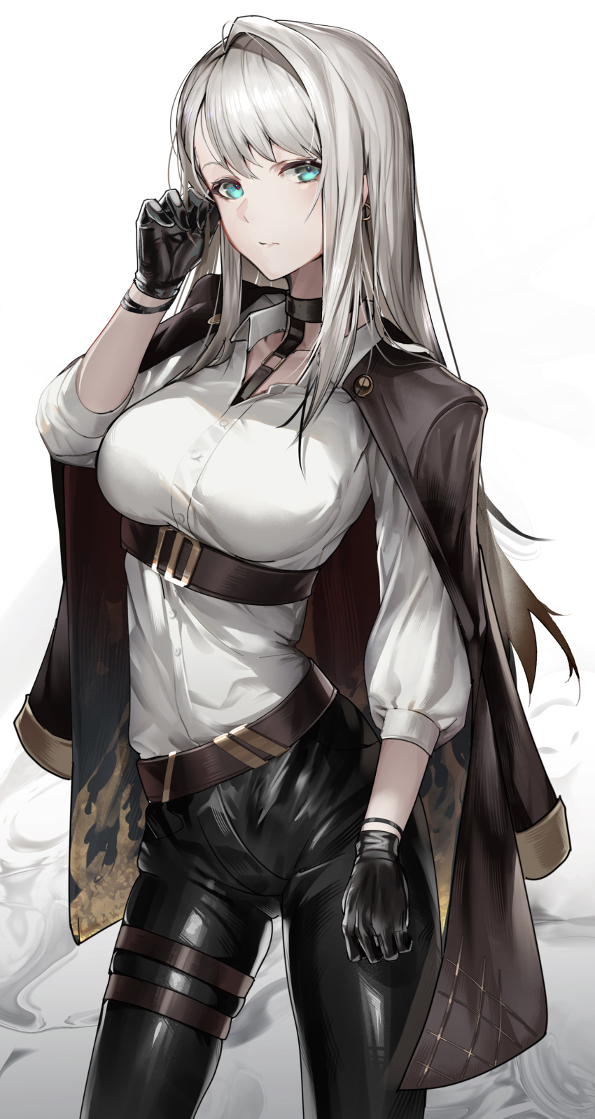 1girl, absurdres, aqua_eyes, bangs, belt, black_choker, black_pants, breasts